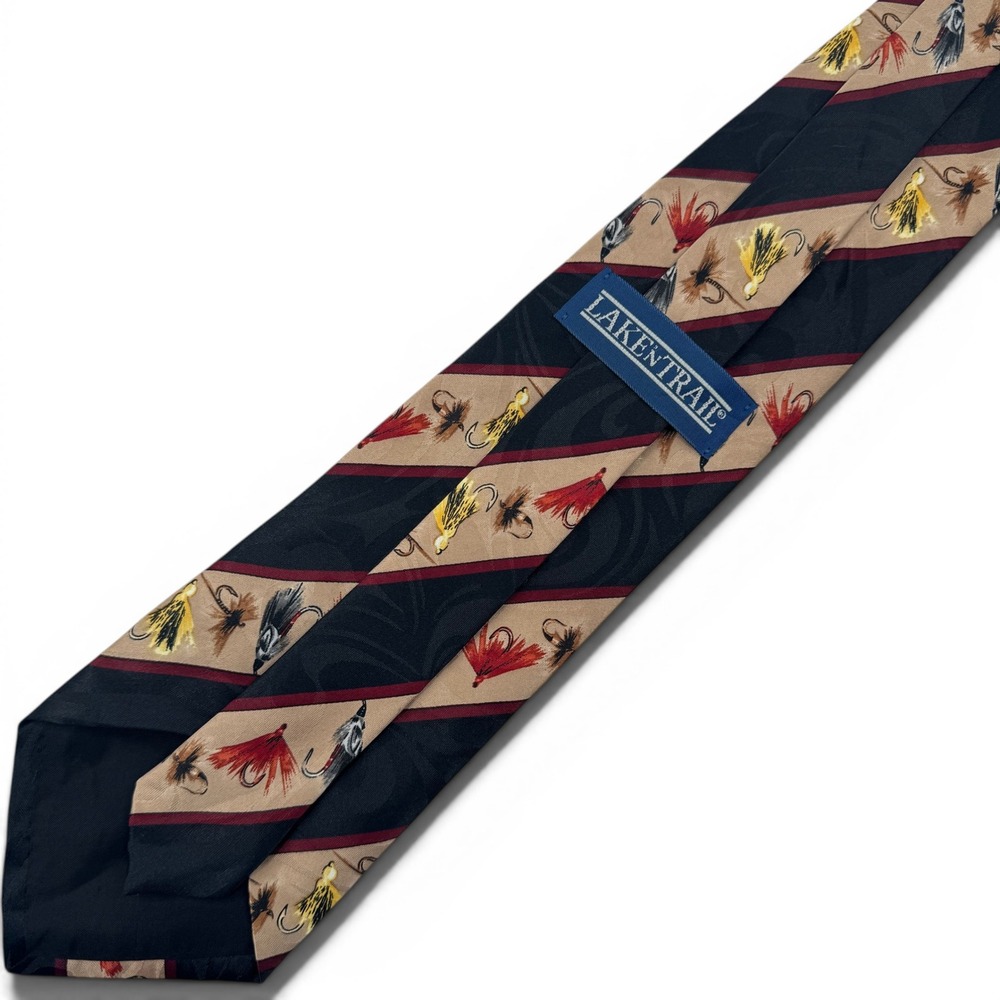 Lake n Trail Mens Fly Fishing Lure Striped Necktie Navy Blue/Tan Outdoors Retro